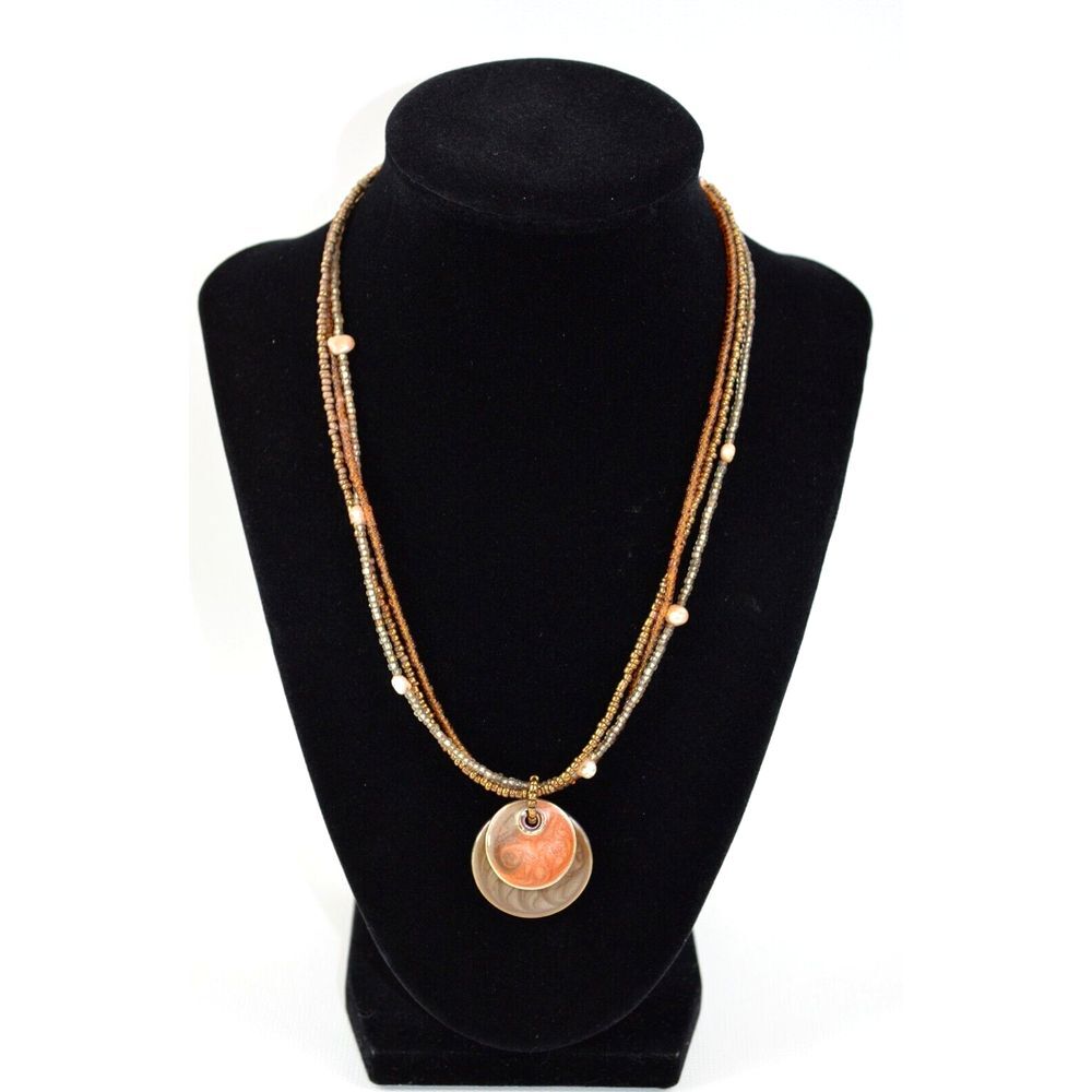 Gold Color Beaded Necklace with 2‎ round metal pendants 18"